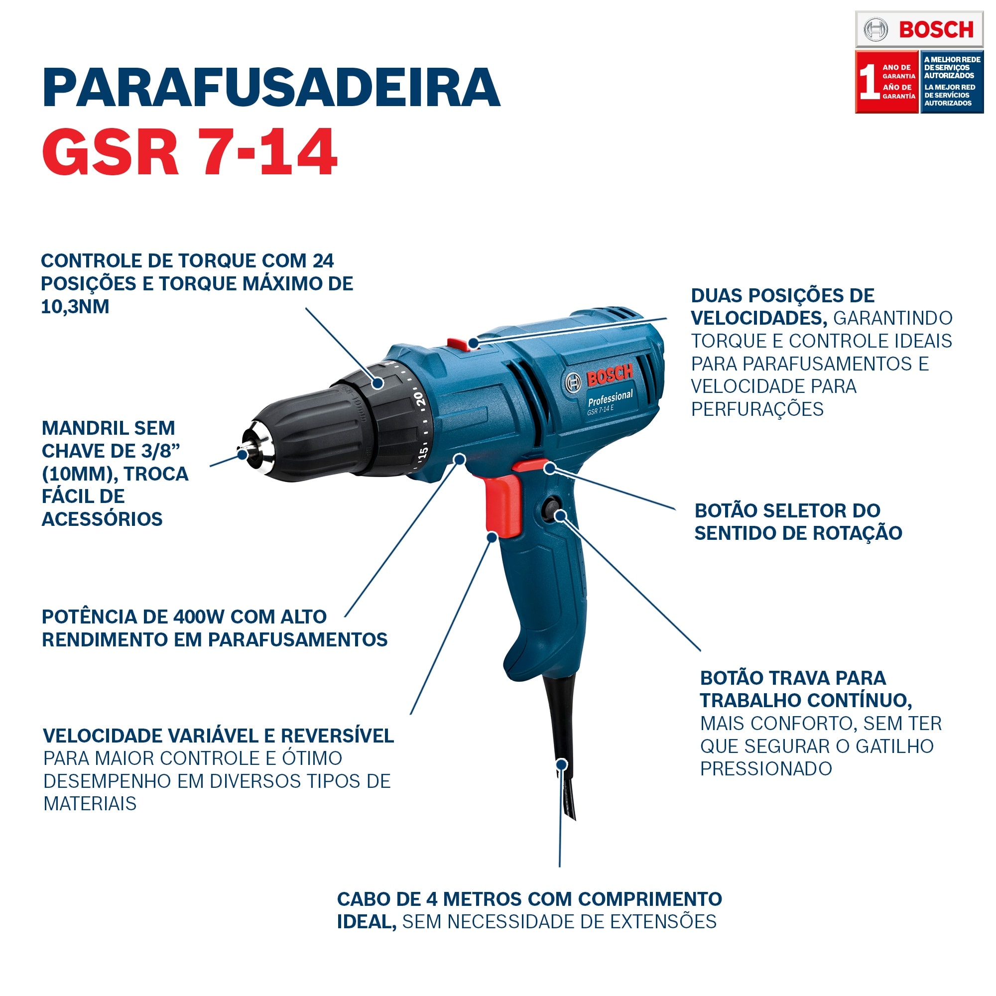 Parafusadeira e Furadeira 400W GSR7-14E Bosch | Ultra Maquinas