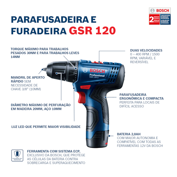 Parafusadeira e Furadeira à Bateria 12V com 1 Bateria 2,0Ah e Carregador Rápido GSR 120-LI Bosch-fc4366ad-6d30-449c-9c59-6f015f0d5137