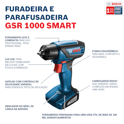 Parafusadeira e Furadeira a Bateria 12v GSR 1000 Bivolt Bosch-64bacf3c-62ea-46c7-8a00-09c0d67bf3ae