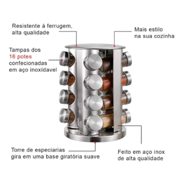 Porta Condimentos Redondo Giratório em Aço Inox Com 16 frascos de vidro 80g GH408 Globalmix-6dae28f3-f09a-45da-841f-76d83a93f2c3