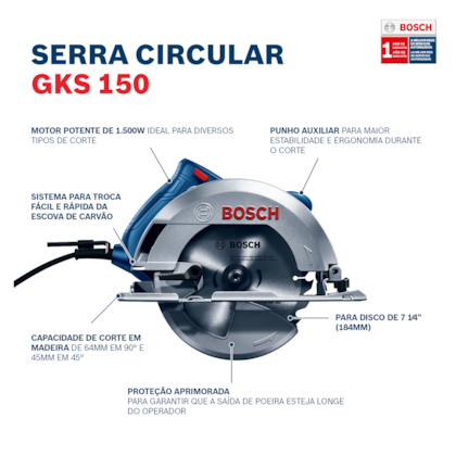 Serra Circular 7.1/4 1500w com Bolsa GKS 150 Bosch